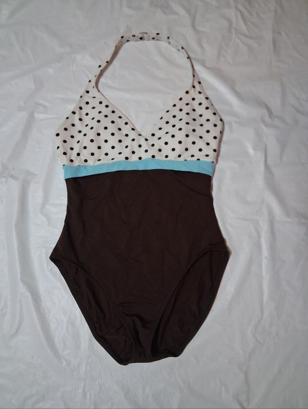 Anne Cole White Polka Dot Halter One-Piece Swimsuit with Brown & Aqua Band Sz 12